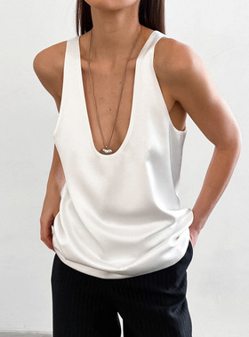 Women Tube Tops Vest Loose Summer简约内搭缎面深V小背心上衣