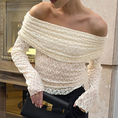 Sexy纯欲风法式 Women 性感一字肩上衣提花针织 Shirt Tops Tees