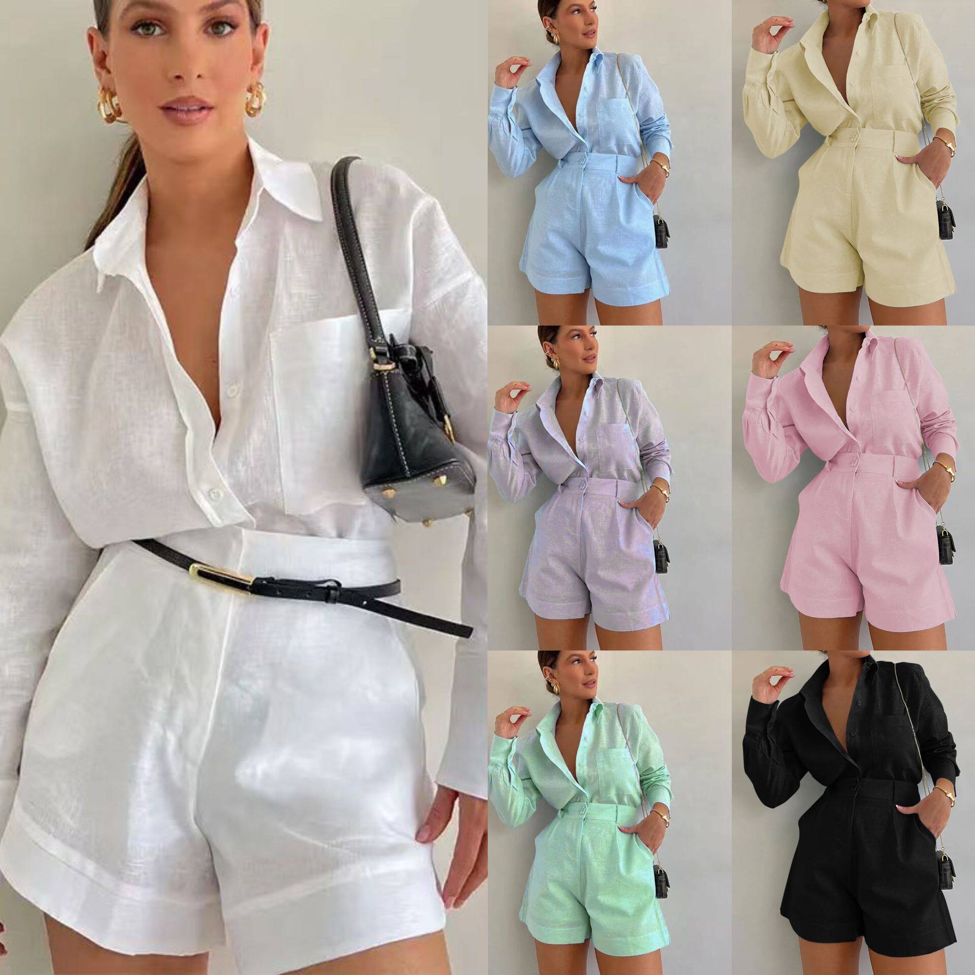 Women Outfit Shirt+Shorts欧美女装时尚休闲短西裤长袖衬衣套装