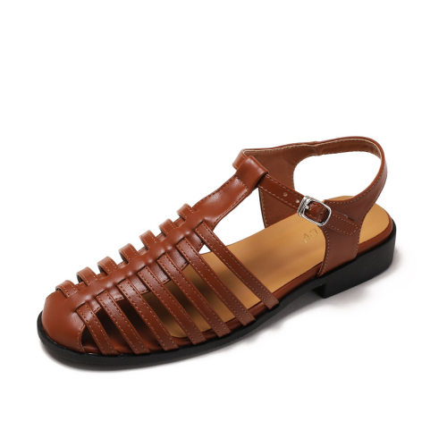 Women Sandals Shoes包头方头复古凉鞋女粗跟外穿编织罗马猪笼鞋