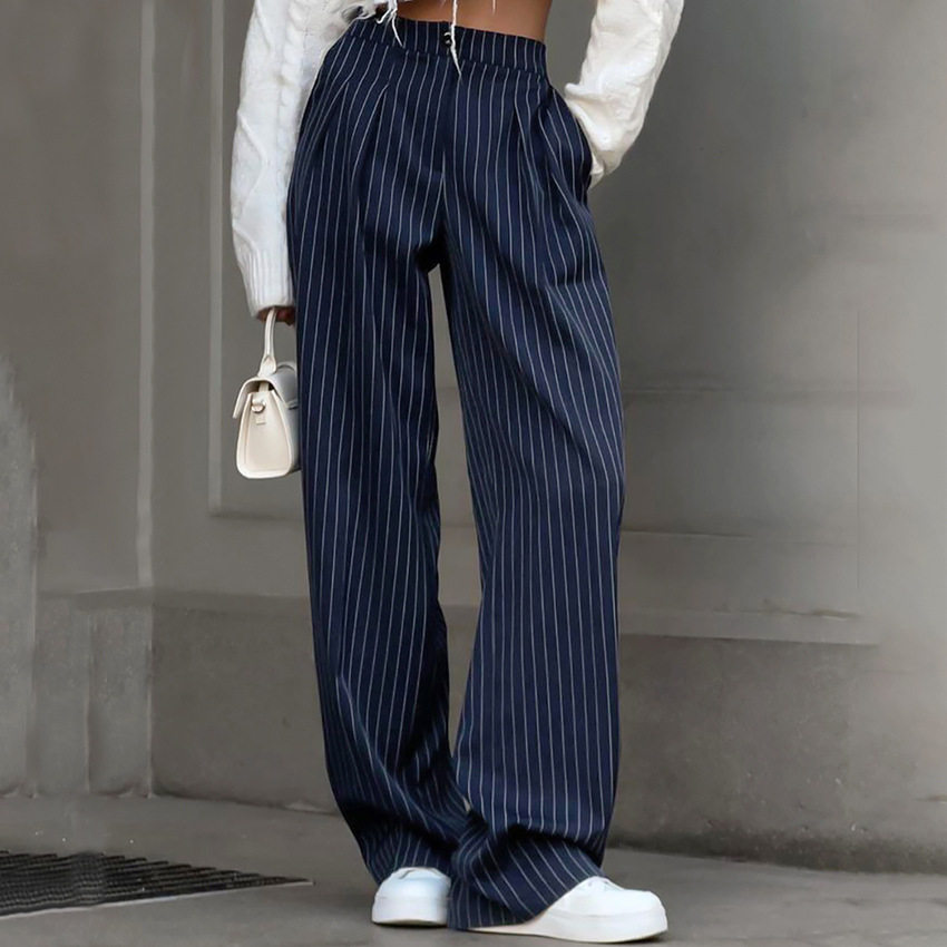 Women Pants Ladies Trousers条纹休闲阔脚裤秋季时尚百搭西裤女