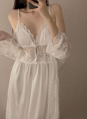 Women Sleepwear Nightdress睡衣女性感吊带睡裙春夏冰丝长袖睡袍