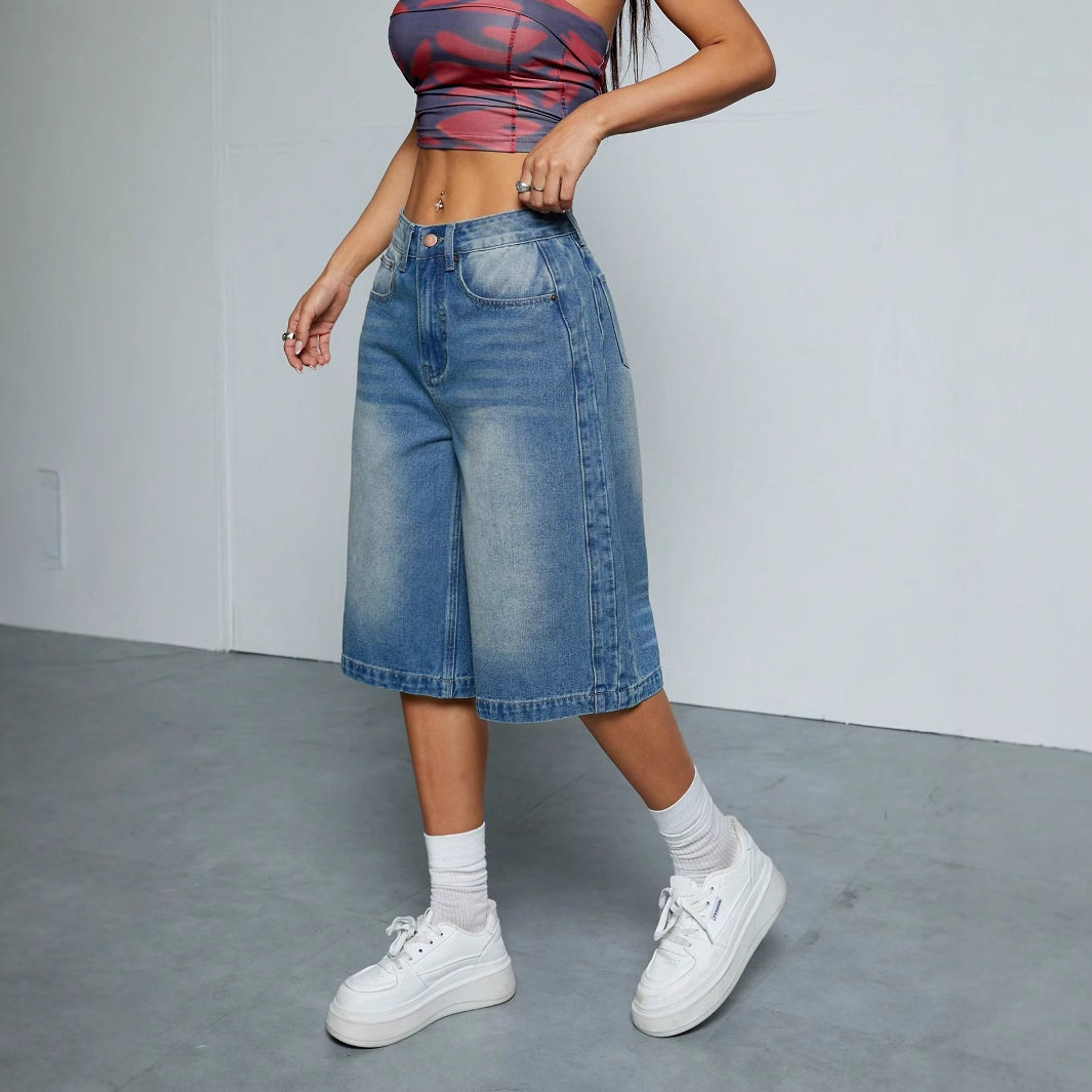 Women Denim Jean Short Pant Summer直筒牛仔短裤女感直筒中裤子