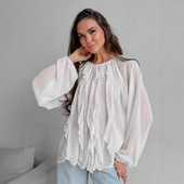 Women 宽松女装 Shirt Floral荷叶边白色圆领上衣女设计感花边衬衫