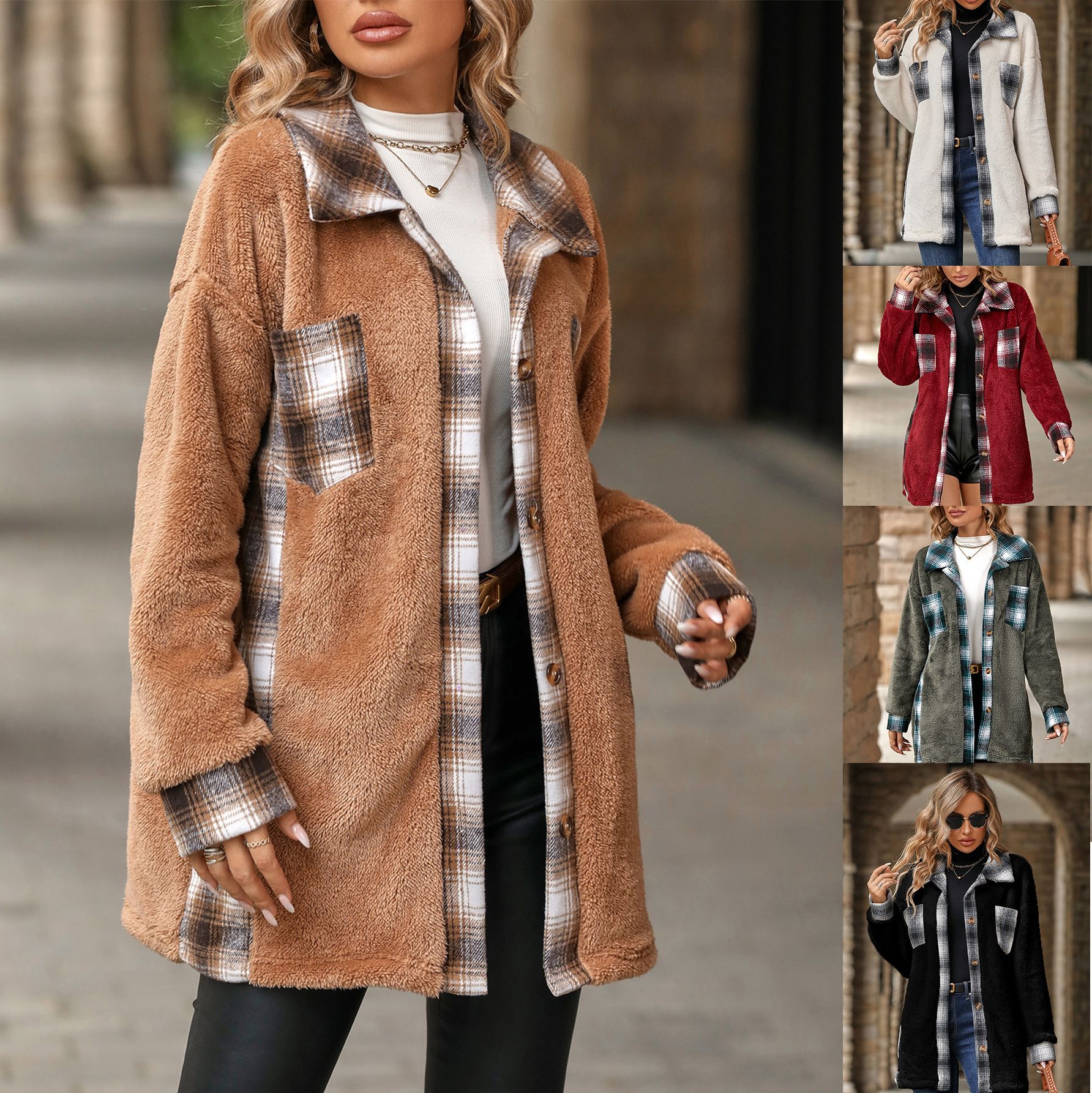Women Coat Jacket Autumn Clothes欧美女装秋冬中长款毛绒外套