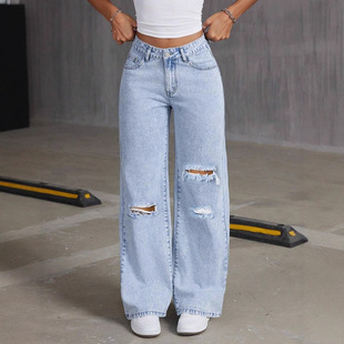 Women Ripped Long Denim Jean Pant纯色水洗欧美长裤阔腿牛仔裤
