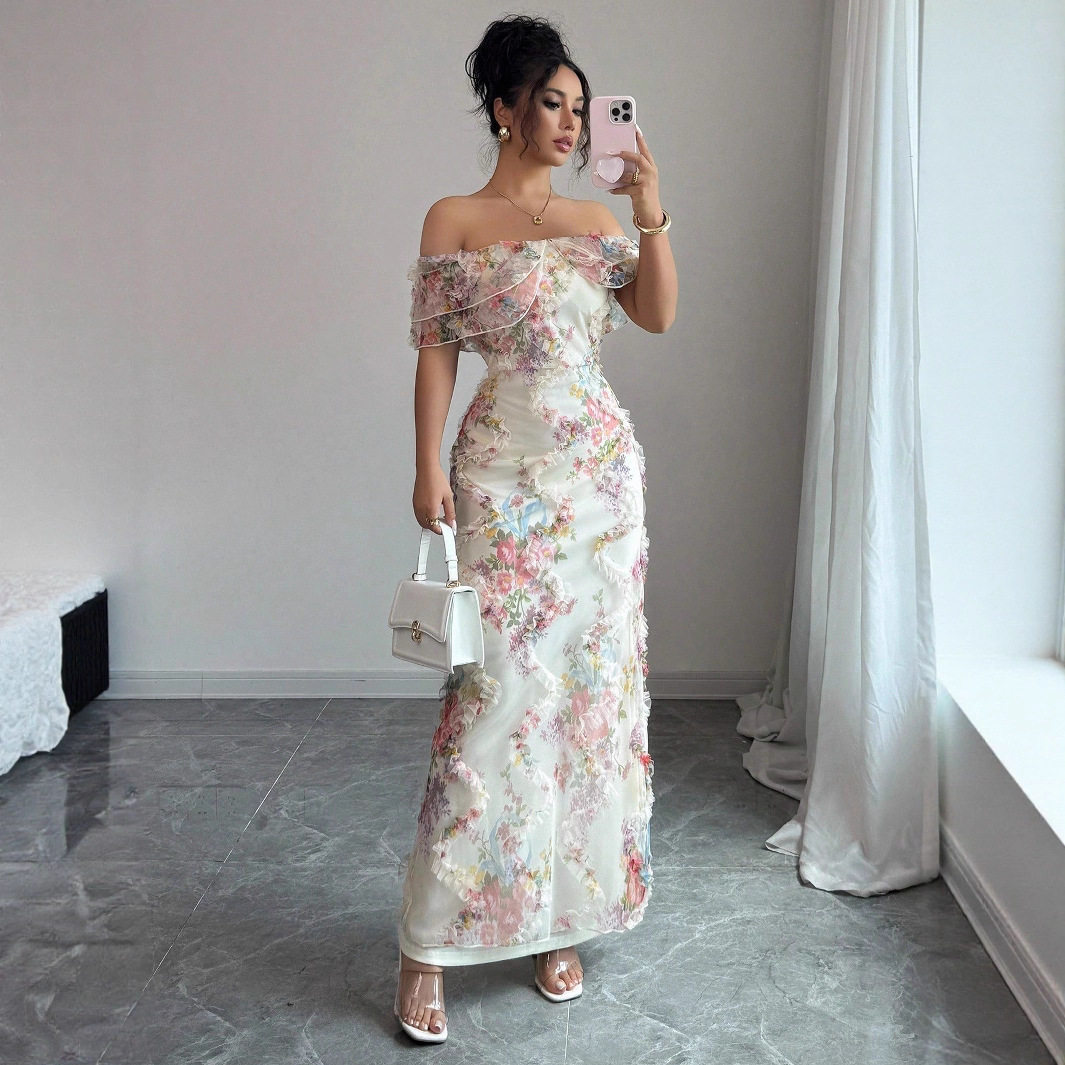 Elegant Women Dresses优雅浪漫荷叶露肩收腰紧身网眼花卉连衣裙