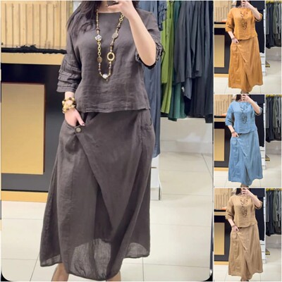 Women Outfit Summer Clothes欧美女装休闲纯色宽松裙子两件套装