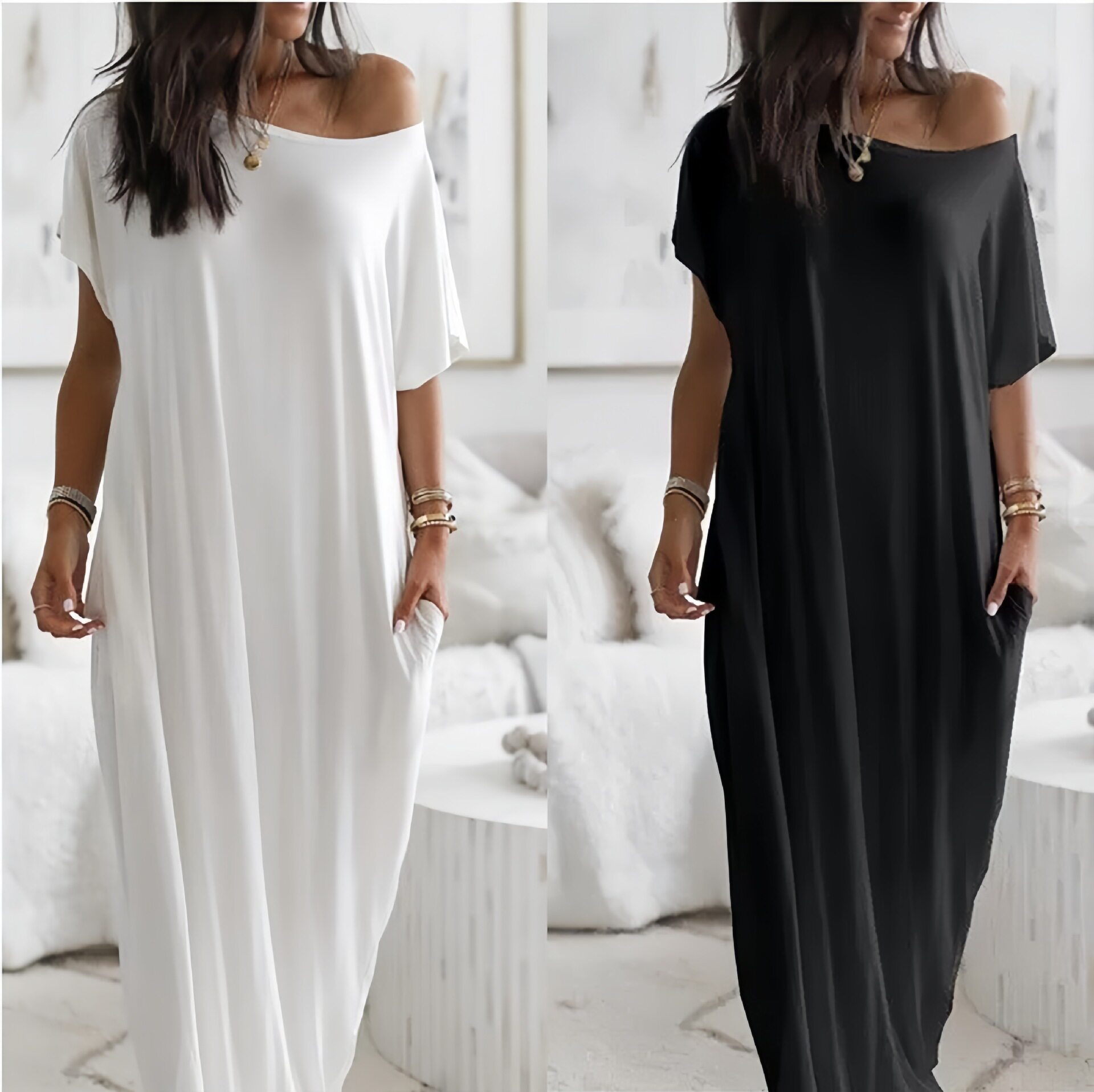 Women Summer Long Dresses欧美夏季女装纯色短袖长款休闲连衣裙