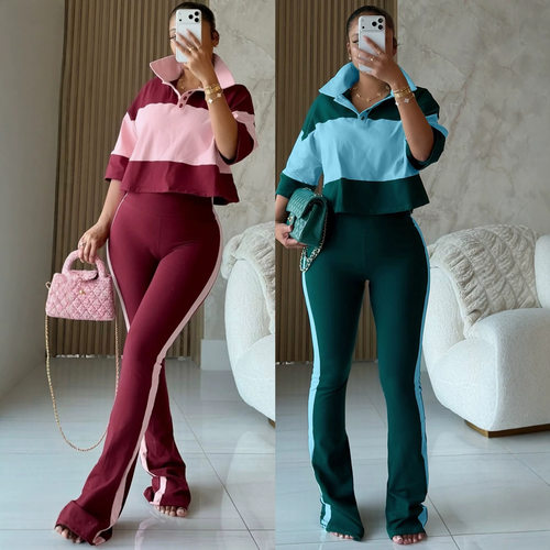 Women Outfits Sets欧美女装休闲撞色Polo翻领半袖微喇裤两件套