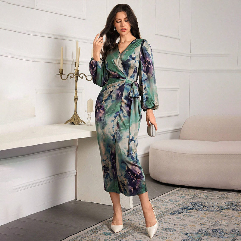 Women Elegant Dresses气质优雅通勤风格女装印花开衫修身连衣裙