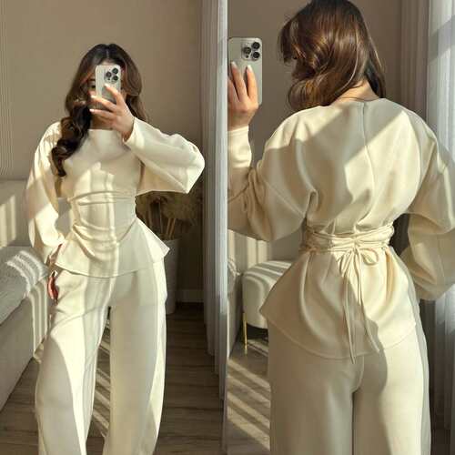 Women Clothes Sets欧美女装圆领长袖简约系带修身上衣阔腿裤套装