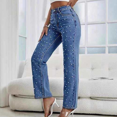 Fashion Women Denim Jean Pants Long Trousers牛仔钉珠女士长裤