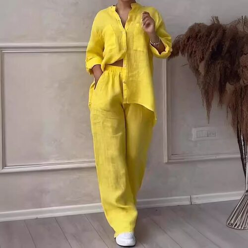 Women Clothes Sets Shirt+Pant休闲棉麻纯色衬衫抽绳阔腿裤套装