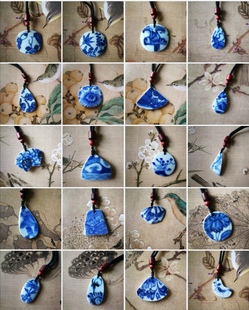 明清青花古瓷老瓷项链挂件 毛衣链古典汉服旗袍鸟语花香万福悠同