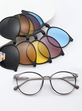 2025磁吸套镜偏光复古太阳镜夹片墨镜女防紫外线圆框近视框架眼镜