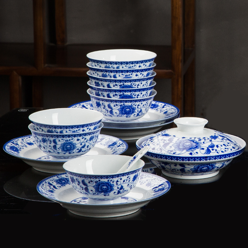 陶瓷中式米饭碗带盖碗盘组合