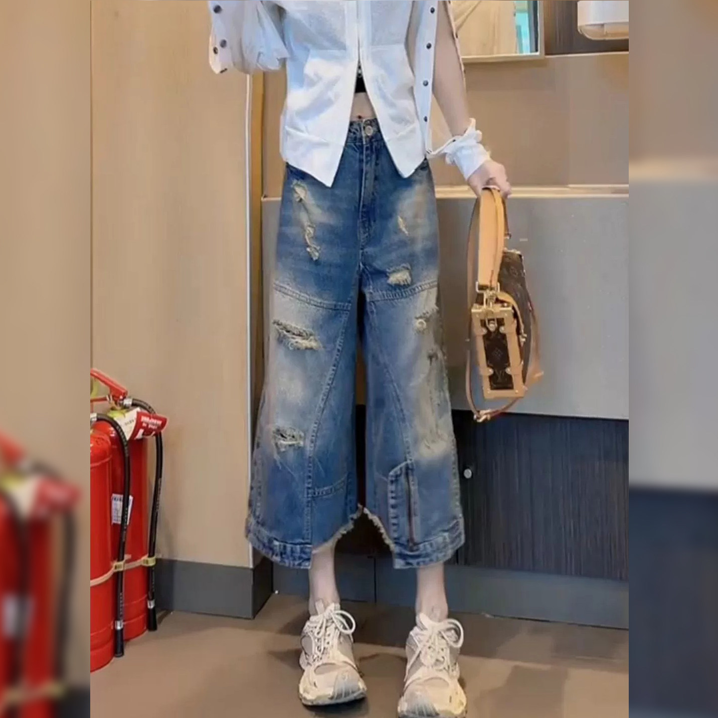 大码破洞牛仔裤女夏季新款显高显瘦九分裤胖妹妹mm高腰宽松阔腿裤