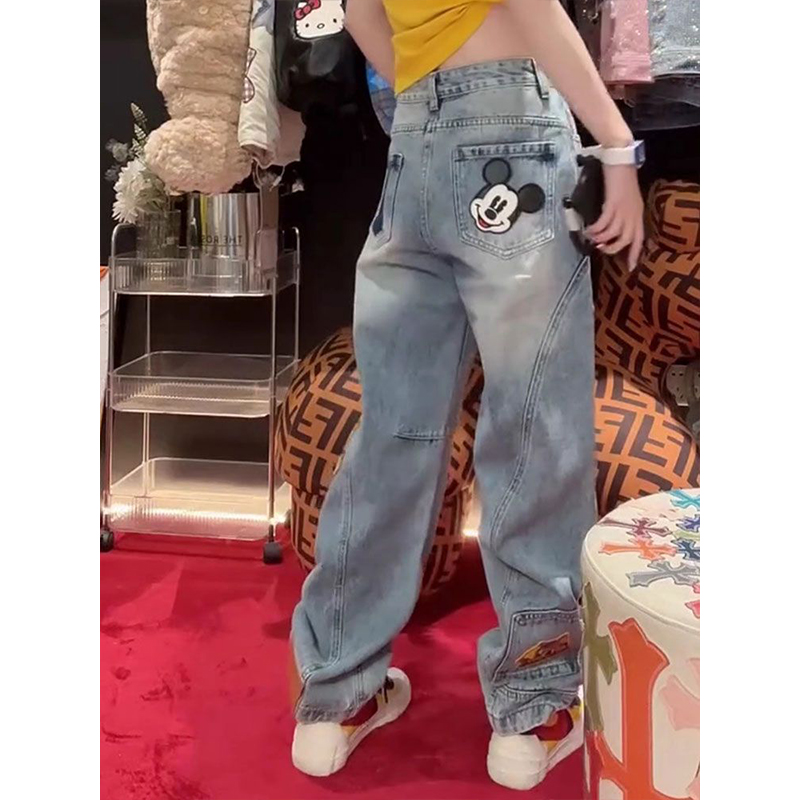美式刺绣牛仔裤女春季新款阔腿裤