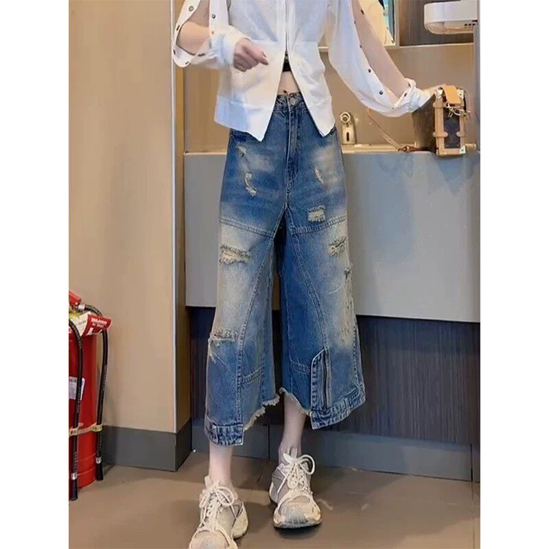 大码破洞牛仔裤女夏季新款显高显瘦九分裤胖妹妹mm高腰宽松阔腿裤