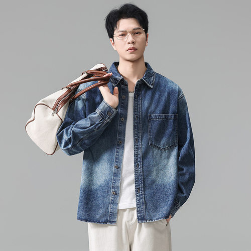 美式复古潮牌水洗牛仔衬衫男款