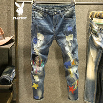花花公子（PLAYBOY）蓝色破洞牛仔裤男潮牌补丁贴布韩版青年乞丐