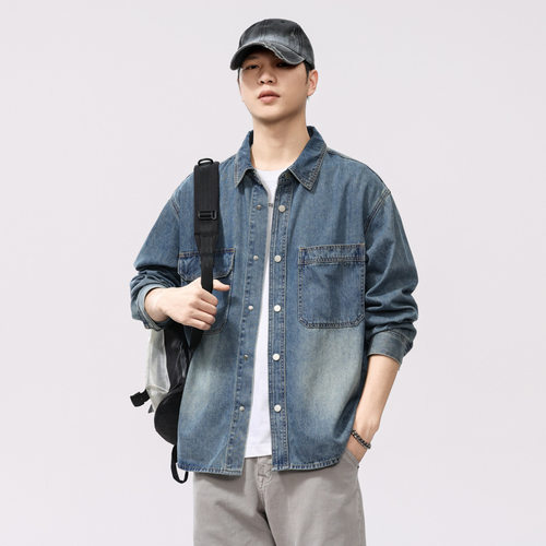 美式复古水洗牛仔衬衫男长袖春季
