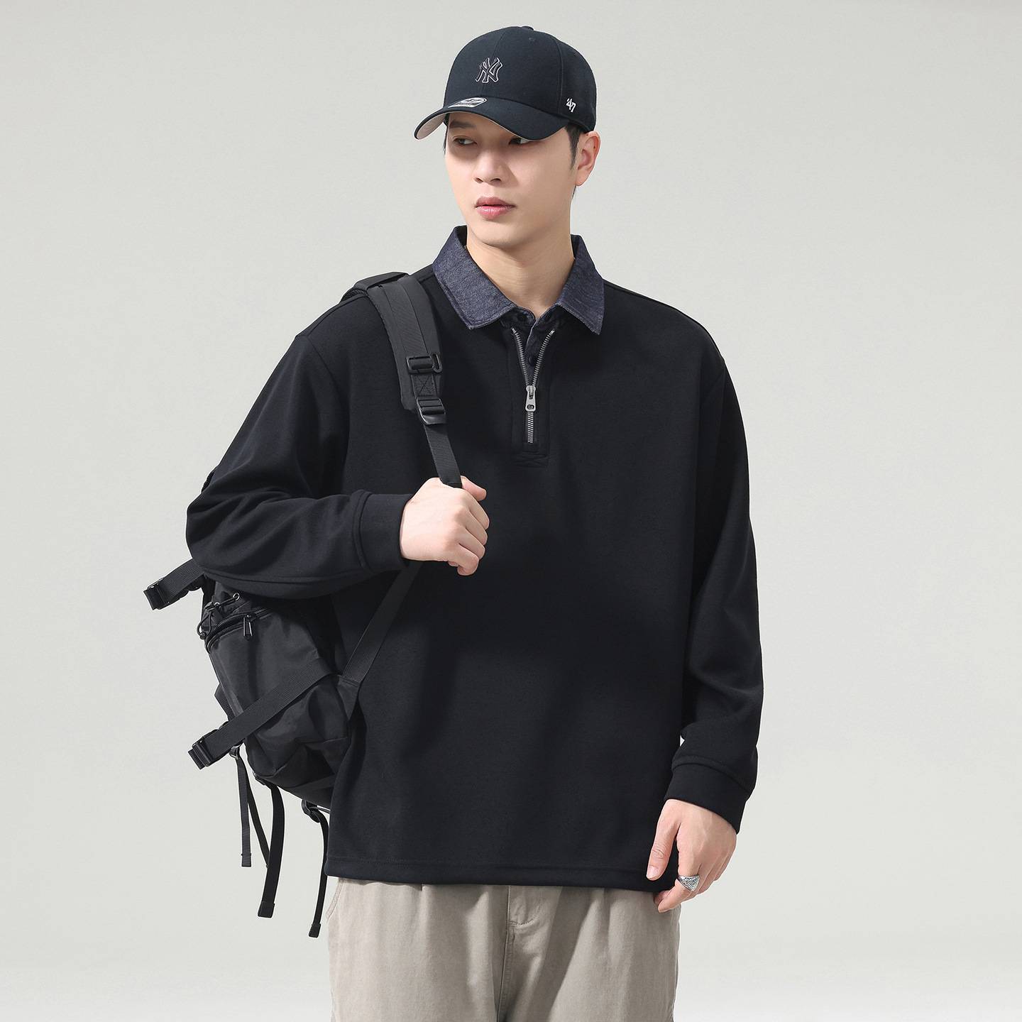假两件卫衣男款2026秋冬季美式潮牌长袖POLO衫宽松大码翻领上衣服