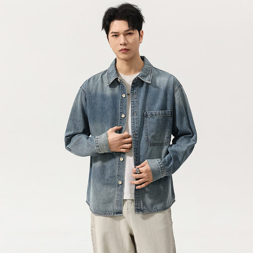 美式复古水洗做旧牛仔衬衫男士