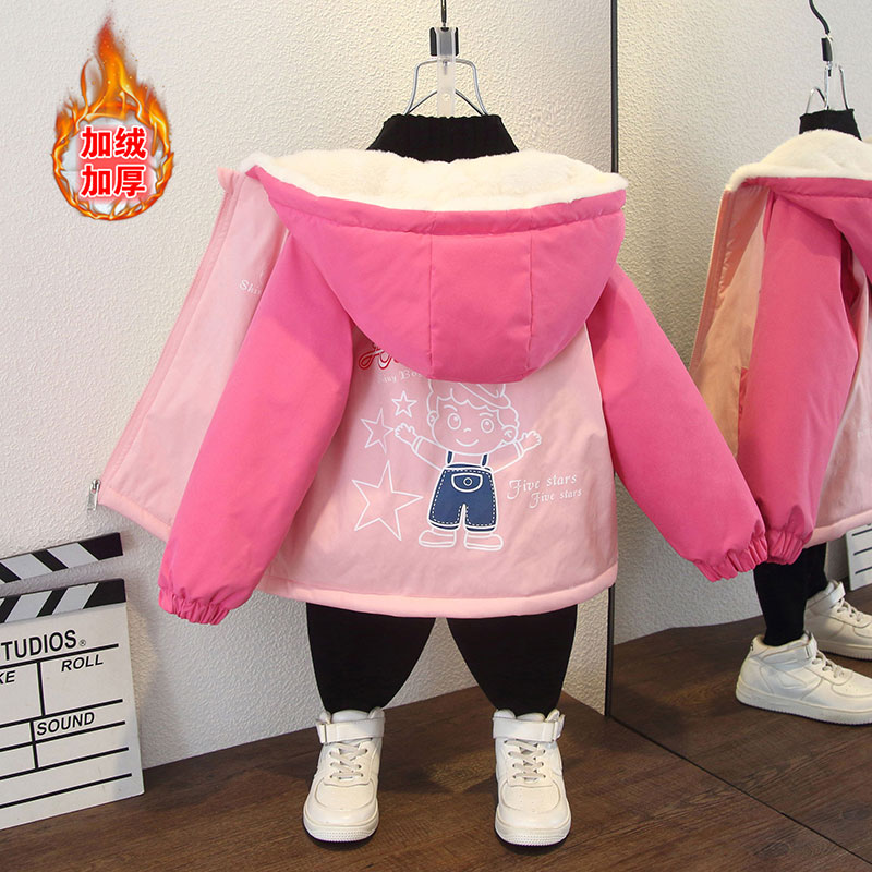 女童秋冬装新款韩版加绒连帽休闲服男童个性小孩印花加厚夹克外套