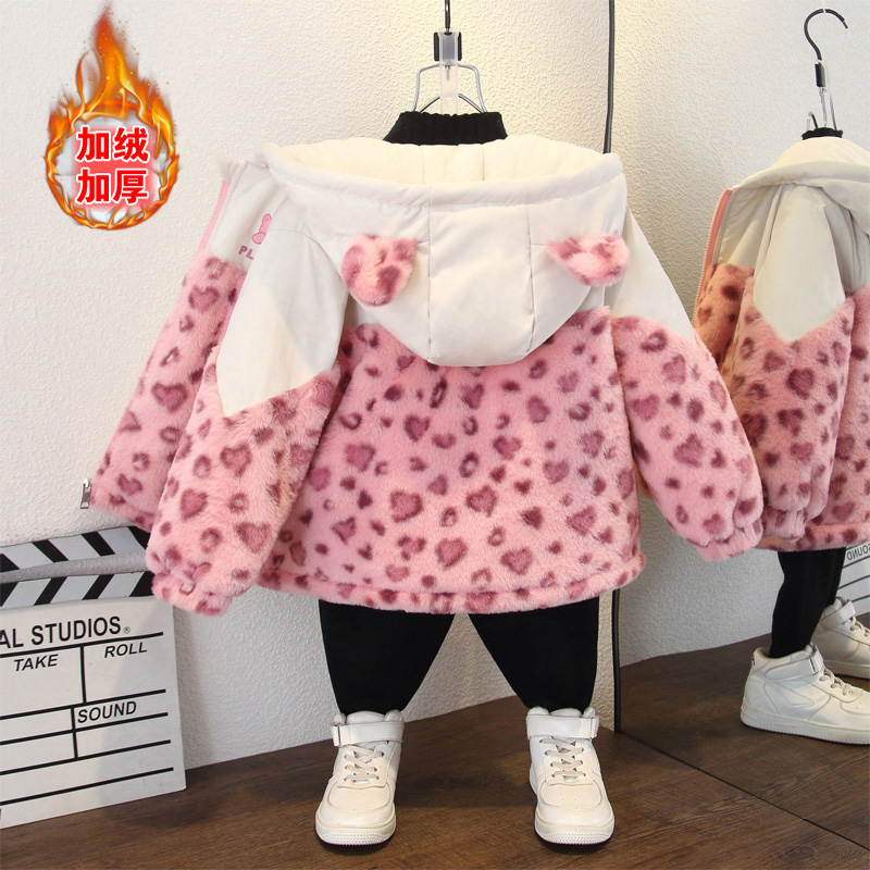 男女宝宝秋冬装新款韩版加绒加厚连帽毛毛衣外套女童拼接保暖棉衣