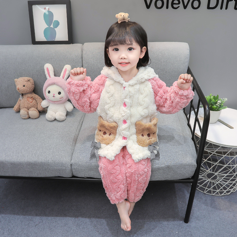可爱男童女童秋冬加绒加厚珊瑚绒休闲保暖睡衣儿童家居服两件套暖