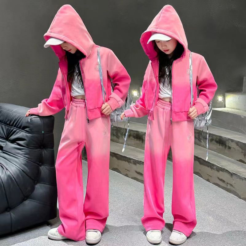 女童春装运动套装2025新款中大童渐变拉链外套长裤韩版休闲两件套