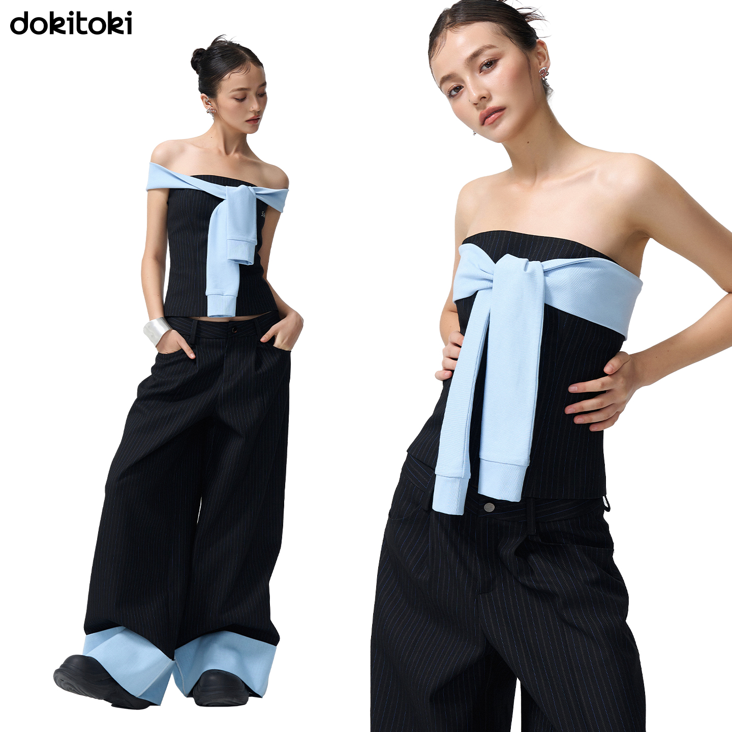 DOKI一衣多穿条纹绑带撞色抹胸上衣条纹撞色翻边设计感阔腿裤套装