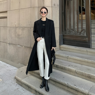 黑色双面羊绒大衣女2025秋冬新款中长款正肩双排扣高级感毛呢外套