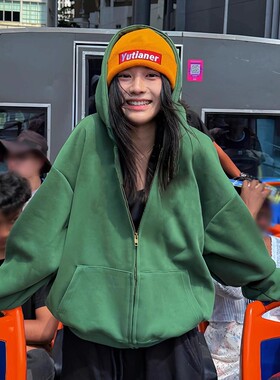 墨绿色连帽卫衣外套女2025新款早秋季拉链开衫美式慵懒风chic