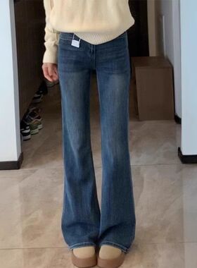 梨形身材深蓝色微喇牛仔裤女春季新款大码胖高腰显瘦弹力喇叭裤