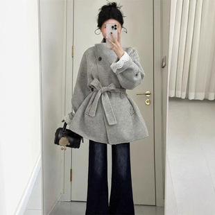 高级感灰色毛呢外套女2026秋冬新款系带收腰妮子大衣小个子超好看