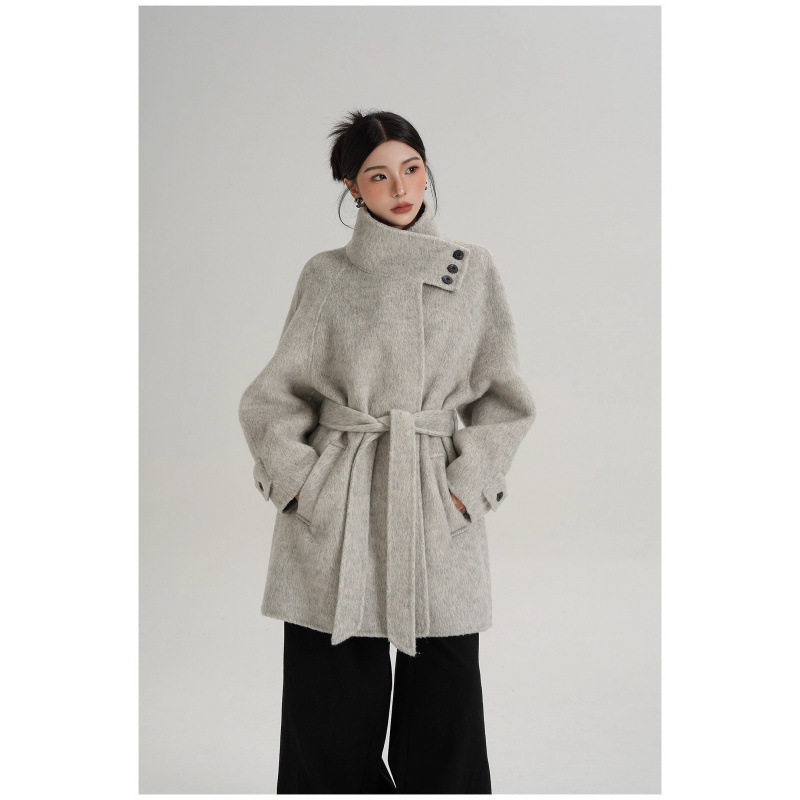 深灰色双面羊绒大衣女小个子2025秋冬新款高级感立领系带毛呢外套