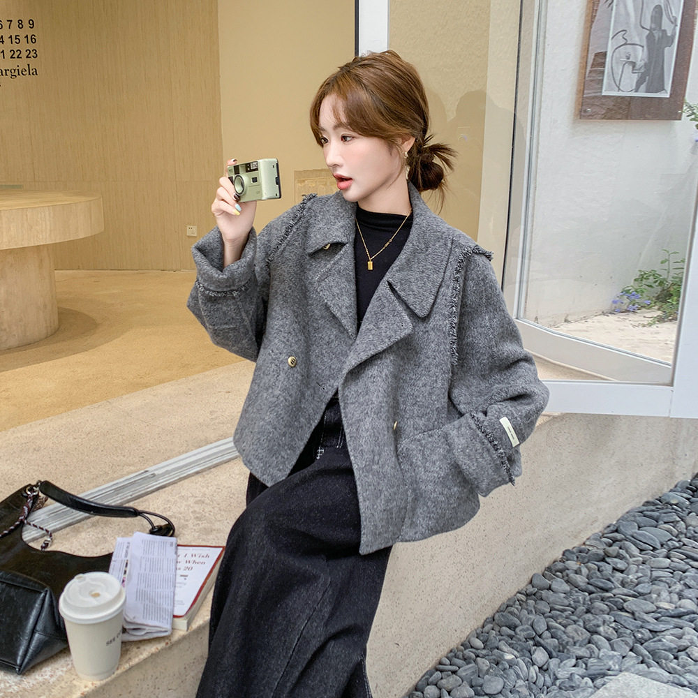 灰色小香风高级感双面羊绒大衣超好看宽松加厚保暖短款羊毛呢
