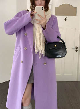 Q051 韩版25年高级感温柔紫色羊驼绒大衣女简约百搭宽松毛呢外套