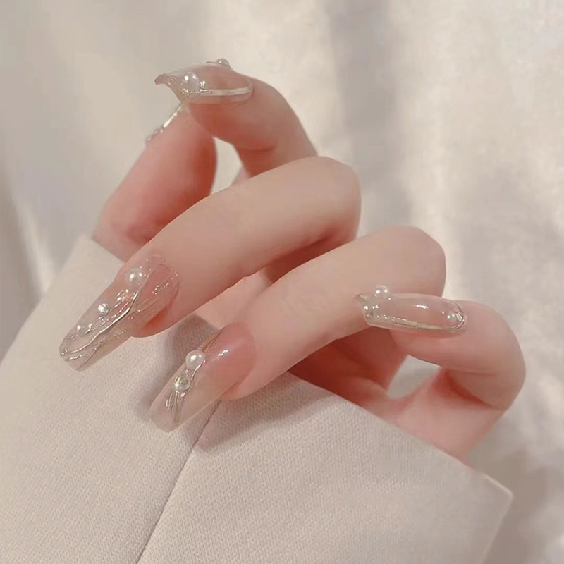 网红显白描金裸色蕾丝珍珠仙女新娘美甲手工定制穿戴甲可拆卸防水