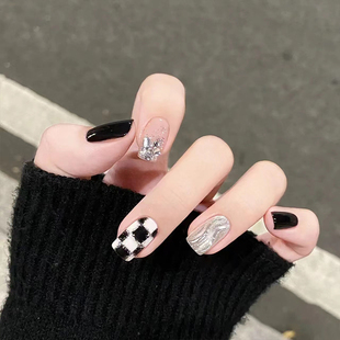 甜酷风爆闪棋盘格纹墨镜粉手工定制光疗美甲成品穿戴甲防水可拆卸