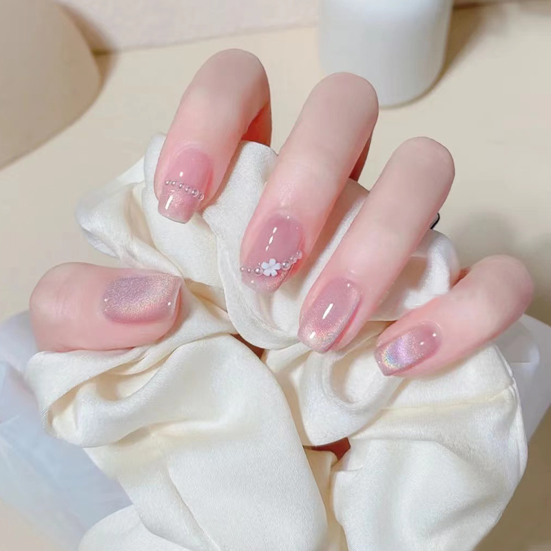 温柔裸色显白手工定制猫眼穿戴甲