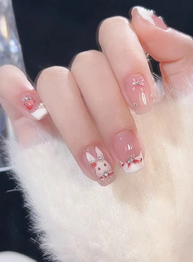 1.网红爆款奶油甜心洛可可兔年氛围感美甲成品手工定制穿戴甲拆卸