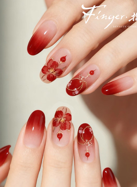 冬季新款相思海棠手绘复古国风气质显白红色新年美甲手工穿戴甲
