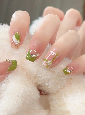 春夏小清新绿色涂鸦格纹美甲成品手工定制穿戴甲防水可拆卸假指甲