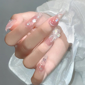 冰透粉显白可爱公主风草莓波波蝴蝶结美甲成品手工定制新娘穿戴甲