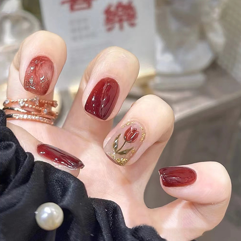 广州手绘描金玫瑰手工定制穿戴甲