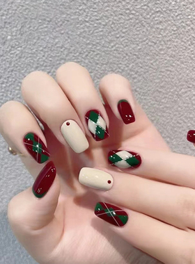 秋冬显白红色圣诞棋盘格纹美甲成品手工定制光疗穿戴甲可拆卸防水